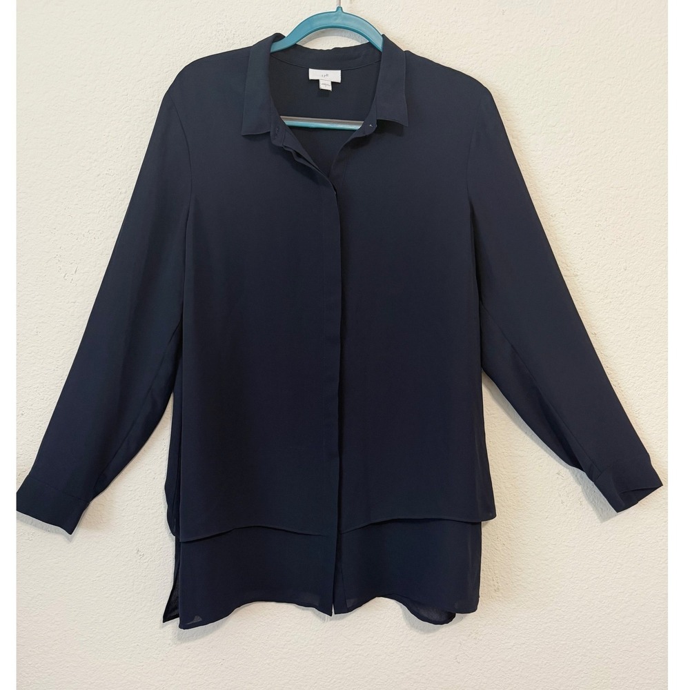 J Jill Blue Long Sleeve Collared Layered Tunic Shirt Size L Resort‎ Cruise